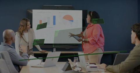 Presenting woman in coral shirt pointing tablet at dashboard with bar and pie charts