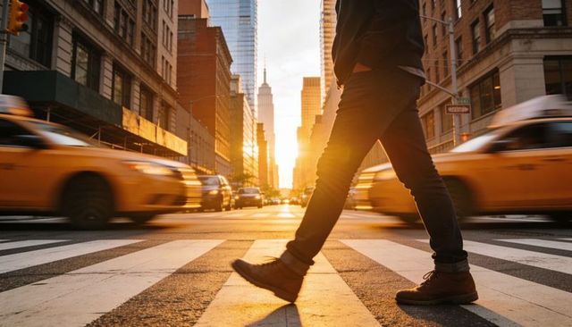 Man striding across urban crosswalk at golden sunset with blurred yellow taxis and skyline