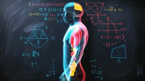 Glowing Human Anatomy Model Over Chalkboard with Mathematical Formulas