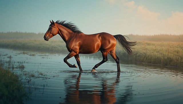 Elegant horse trotting through marsh water at sunrise
