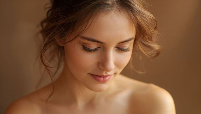 Soft-lit young woman tilting head, smiling gently with bare shoulders and loose hair tendrils