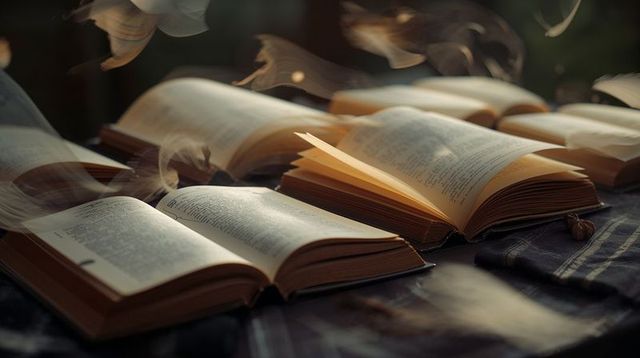 Turning pages floating dust open hardcover books fluttering on plaid cloth warm light