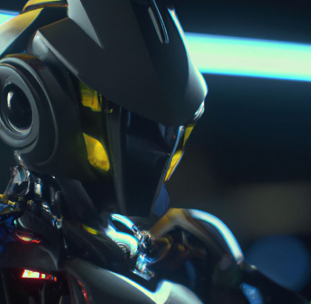Image of close up of black and yellow robot with copy space on black background. Artificial intelligence and robots concept.