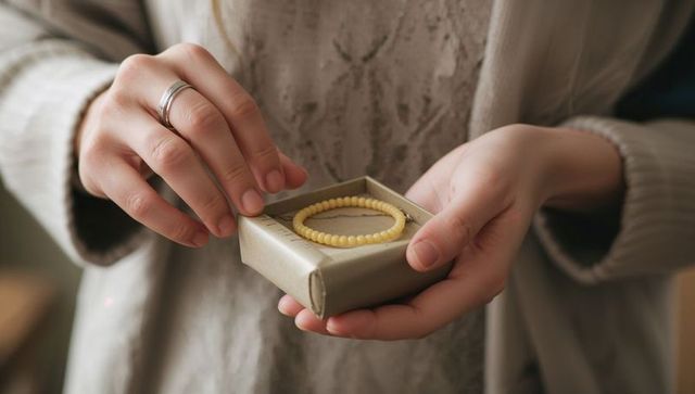 Opening gift box revealing yellow beaded bracelet, hands wearing knit cardigan closeup
