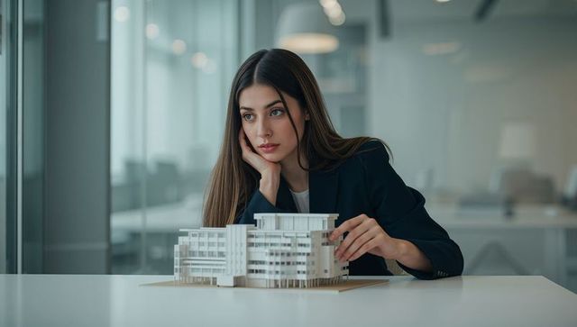 Young architect leaning over white architectural scale model in contemporary glass studio