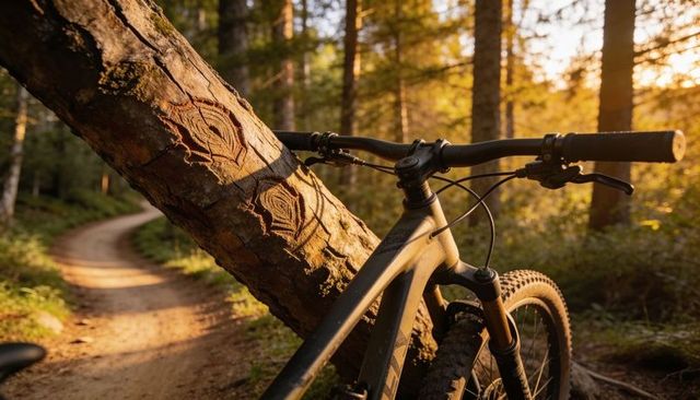 Mountain bike leaning against sunlit pine on winding singletrack trail at golden hour