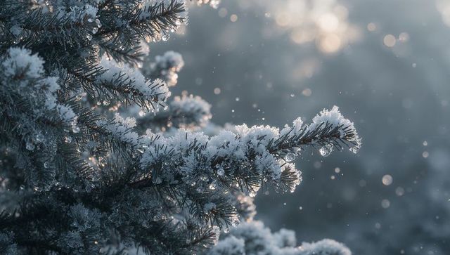 Frost-covered pine branch at sunrise with falling snow, crystal hoarfrost and bokeh