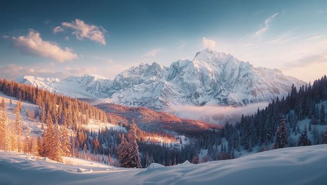 Majestic Sunrise Over Snow-Covered Mountains and Valley Pines