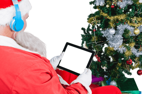 Santa Claus Using Tablet with Headphones and Transparent Background