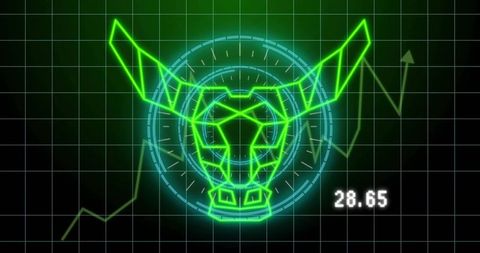 Neon Wireframe Bull Head HUD with Financial Chart, Futuristic Analytics Interface