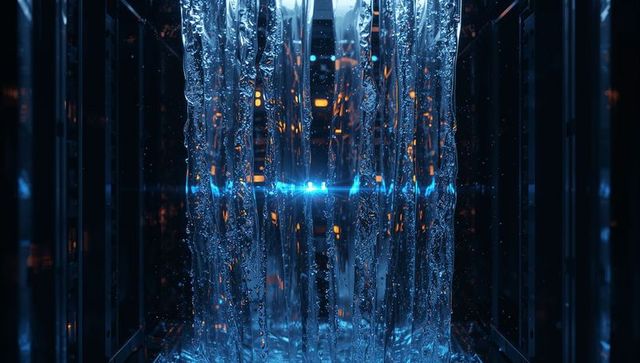 Flowing Neon Water Curtain in Futuristic Server Corridor with Blue LED and Amber Accents