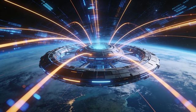 Hovering ringed orbital station emitting energy beams over planet