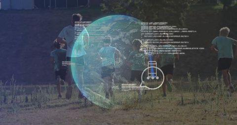 Children Running Outdoors with Digital Globe and Code Overlay for Innovative Fitness