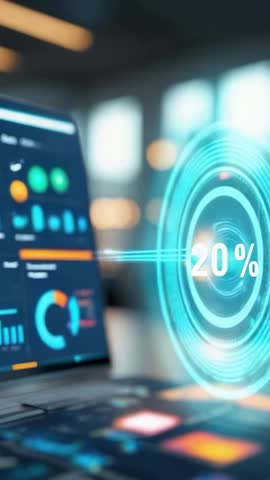 Vertical video showing futuristic dashboard visualizing translucent gauge rising to 20%