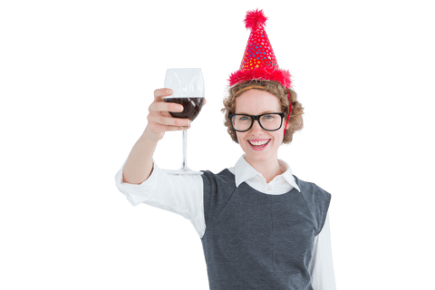 happy woman toasting with red wine in party hat on transparent background - Download Free Stock Videos Pikwizard.com