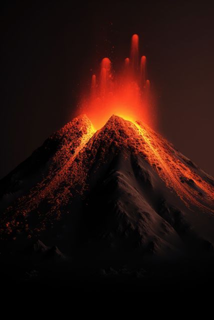 This image depicts a dramatic nighttime volcanic eruption with glowing lava flowing down the mountain. It would be ideal for use in educational materials about geology and natural disasters, travel posters promoting adventure destinations, or backgrounds for presentations and websites illustrating the power of nature.