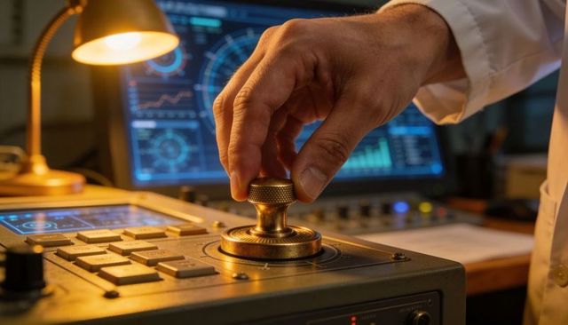 Hand Operating Brass Knob on Ship Bridge Console with Radar Displays