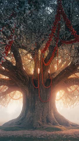 Dawn light filtering through ancient oak draped with red garlands in enchanted clearing vertical vid