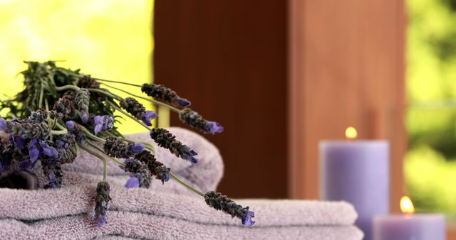 Dried lavender on purple towels at luxury spa