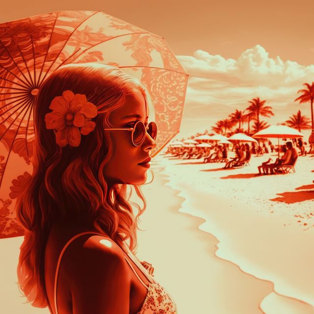 Woman is standing on a tropical beach during sunset, holding a parasol. She is stylishly dressed in beachwear with sunglasses and a flower in her hair. Palms and gentle waves add to the serene atmosphere, making it ideal for vacation, leisure, and travel-related promotions or artwork.