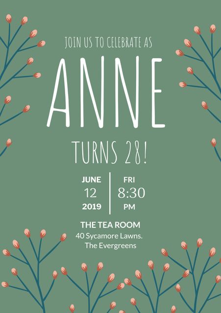 Elegant floral birthday invitation template featuring green background and delicate botanical elements. Perfect for 28th birthday celebrations, adaptable for weddings and other formal events. Great for personalized invitations, featuring space for event details. Use for milestone celebrations or sophisticated gatherings using customizable design.