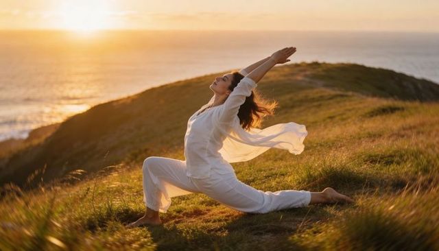 Woman practicing yoga on coastal bluff at sunset in flowing white outfit