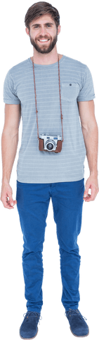 Transparent portrait of smiling man with camera