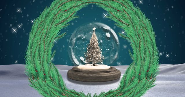 Digitally generated, festive scene features Christmas wreath encircling snow globe with Christmas tree inside. Background portrays snowy winter landscape with shining stars, evoking joy and traditional holiday cheer. Ideal for holiday greeting cards, festive marketing materials, winter-themed designs, or Christmas decorations.