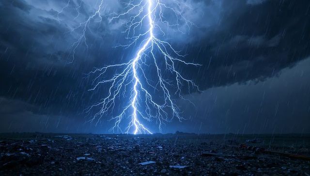 Multi-branch lightning bolt striking flat gravel plain, heavy rain and dark storm clouds