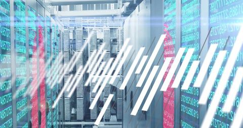 Futuristic datacenter aisle with streaming code overlays, server racks and cool lighting