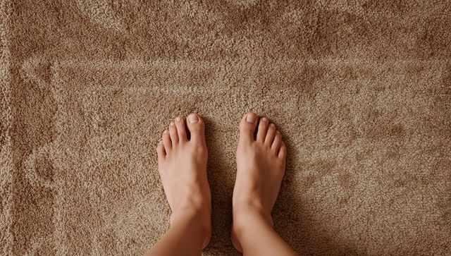 Bare feet standing on plush beige carpet, top-down view of cozy home comfort and texture