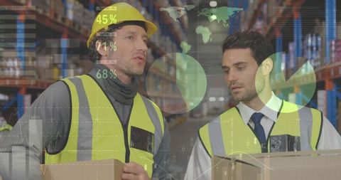 Digital Data Overlay on Warehouse Workers Discussing Operations - Download Free Stock Images Pikwizard.com