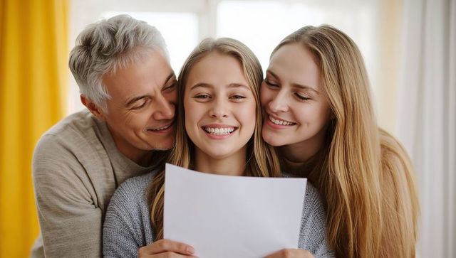Family celebrating achievement with paper in bright living room