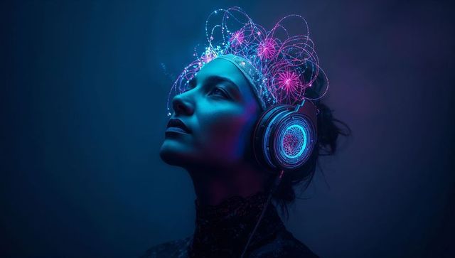 Gazing woman wearing fiber-optic crown and led headphones in neon cyberpunk portrait