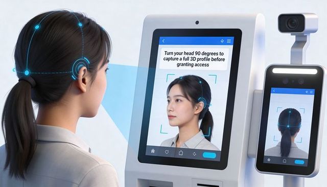 Woman turning 90 degrees for biometric kiosk 3d face scan with ai authentication interface