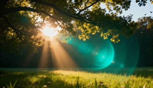 Sunlight Filtering Through Canopy Casting Golden Rays Across Meadow with Turquoise Flare