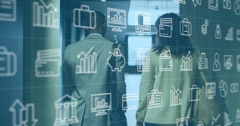 Innovative Business Icons Overlaying Office Scene - Download Free Stock Images Pikwizard.com
