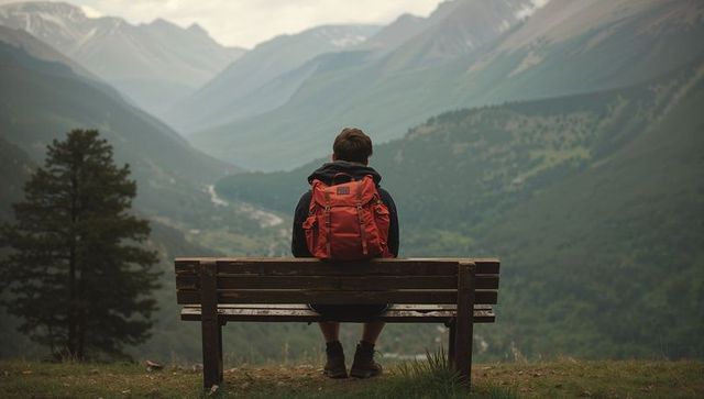 Solitary hiker wearing orange backpack and boots sitting on bench overlooking alpine valley