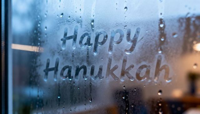 Hand-Drawn Happy Hanukkah on Fogged Window with Raindrops and Warm Bokeh Glow