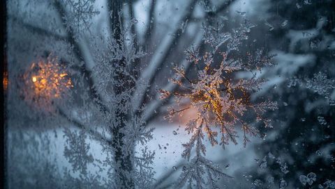 Dendritic Frost on Window with Warm Amber Glow at Twilight