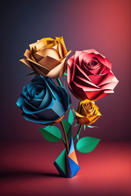 Vibrant paper roses in a colorful origami vase showcasing creative paper crafting skills. Perfect for use in promotional materials for craft workshops, DIY project tutorials, floral design inspirations, art exhibitions, or decorative art themes.