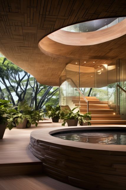 Relaxation pool with plants and stairs at modern health spa, created using generative ai technology. Health spa, wellbeing, architectural design and luxury concept digitally generated image.