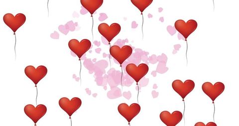 Floating red heart balloons with sheer pink heart confetti on white backdrop