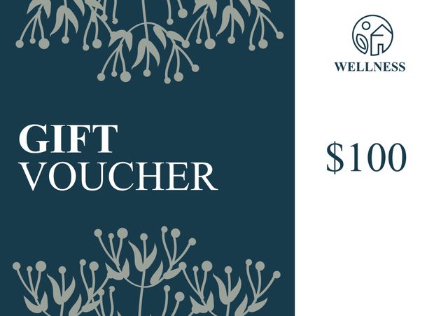 Elegant wellness gift voucher featuring floral elements with $100 value. Suitable for spas, wellness centers, beauty treatments, or relaxation packages. Could be used for promotions, gifting, and marketing efforts to attract customers.