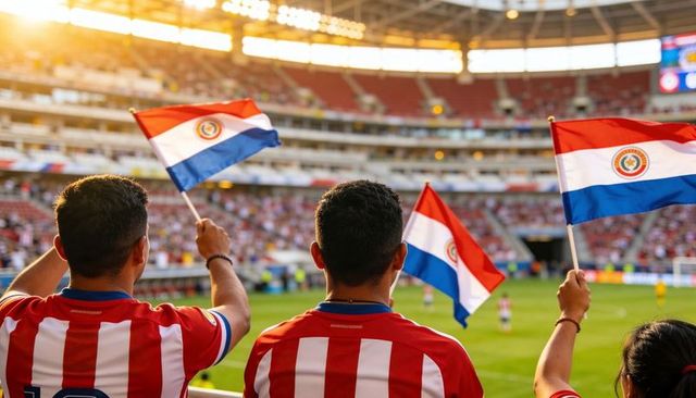 Passionate fans cheering and waving paraguayan flags in sunlit stadium during soccer match