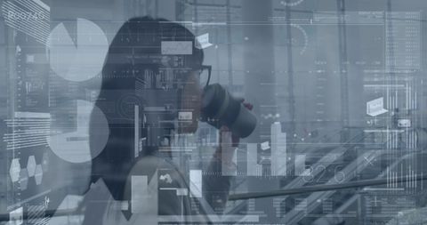 Businesswoman Walking with Futuristic Digital Interface Overlay