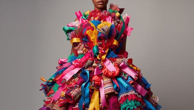 Female model wearing couture gown of vibrant ribbons, lace and layered textures