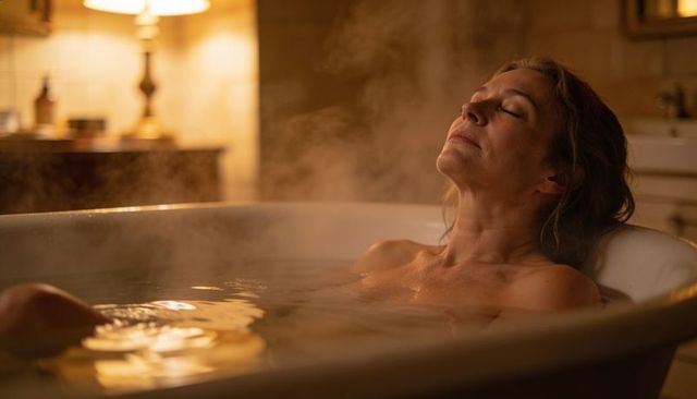 Mature woman relaxing in steaming freestanding bathtub with warm ambient lighting