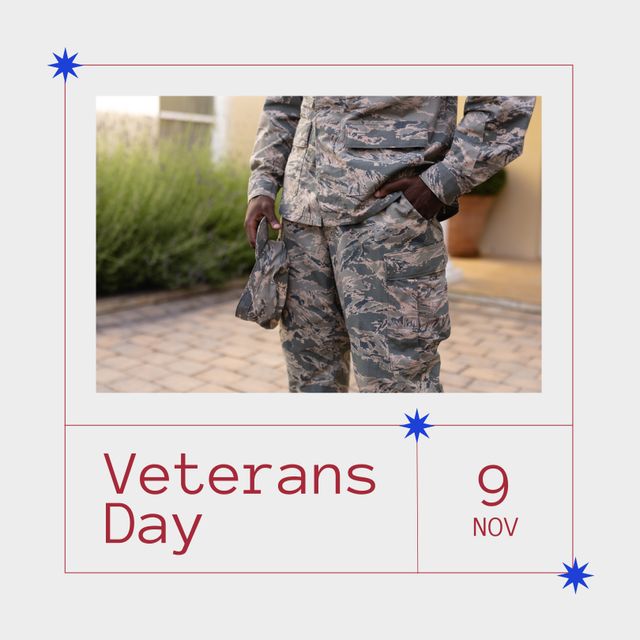 African American Soldier Holding Cap with Veterans Day on 9 Nov - Download Free Stock Templates Pikwizard.com