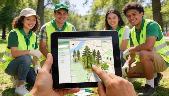 Volunteer team planning urban tree planting using tablet mapping in public park